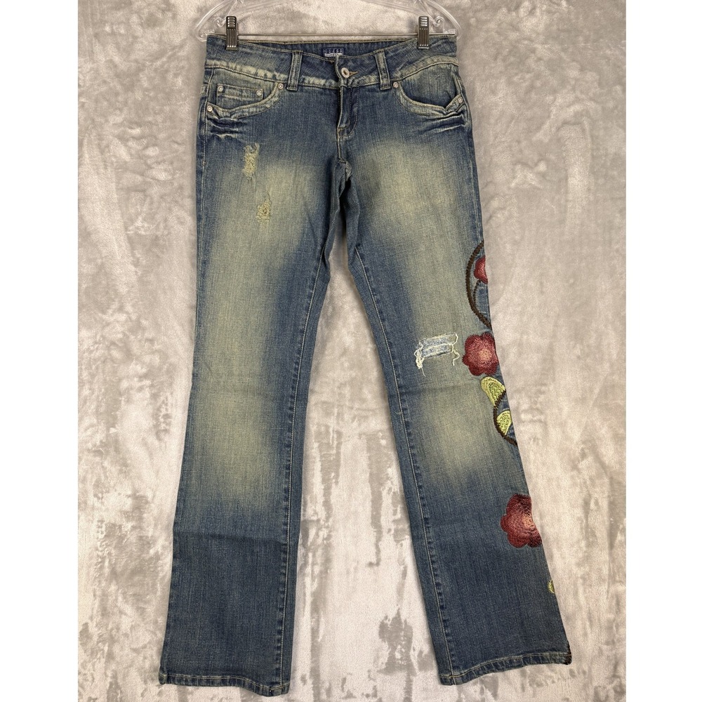 Y2K GUESS Jeans‎ Women's Embroidered Floral Bootcut Denim Pants Size 26